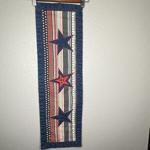 VTG Handmade Red White Blue Patriotic Quilted Table Runner Denim 32" Stars‎